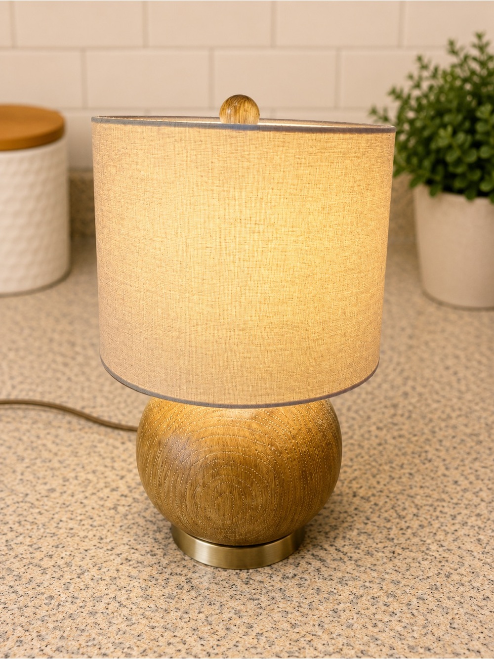 Modern Textured Table Lamp – Neutral Shade & Wood Base